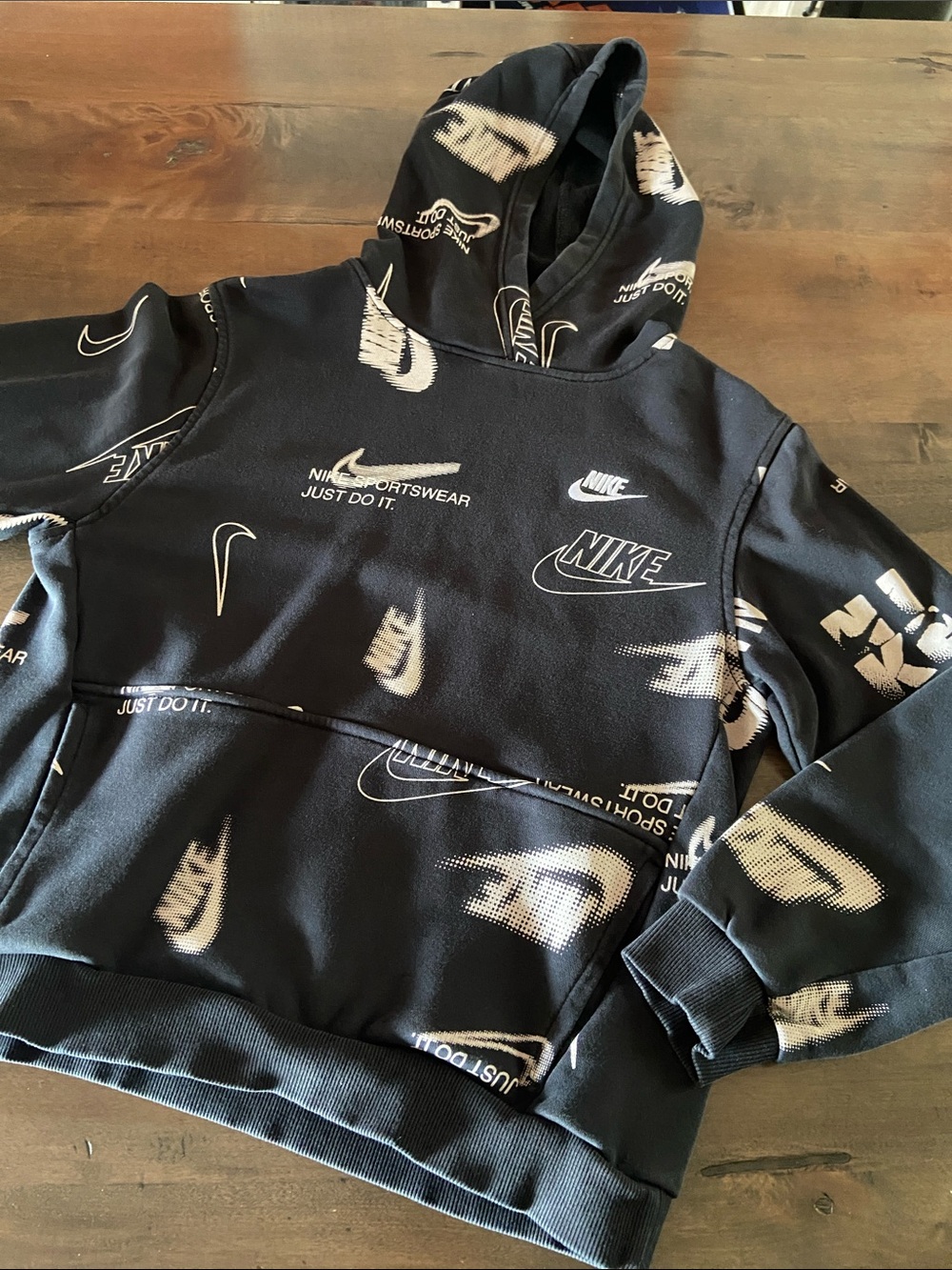 Youth Nike Black Hoodie with White Logo All-Over Print